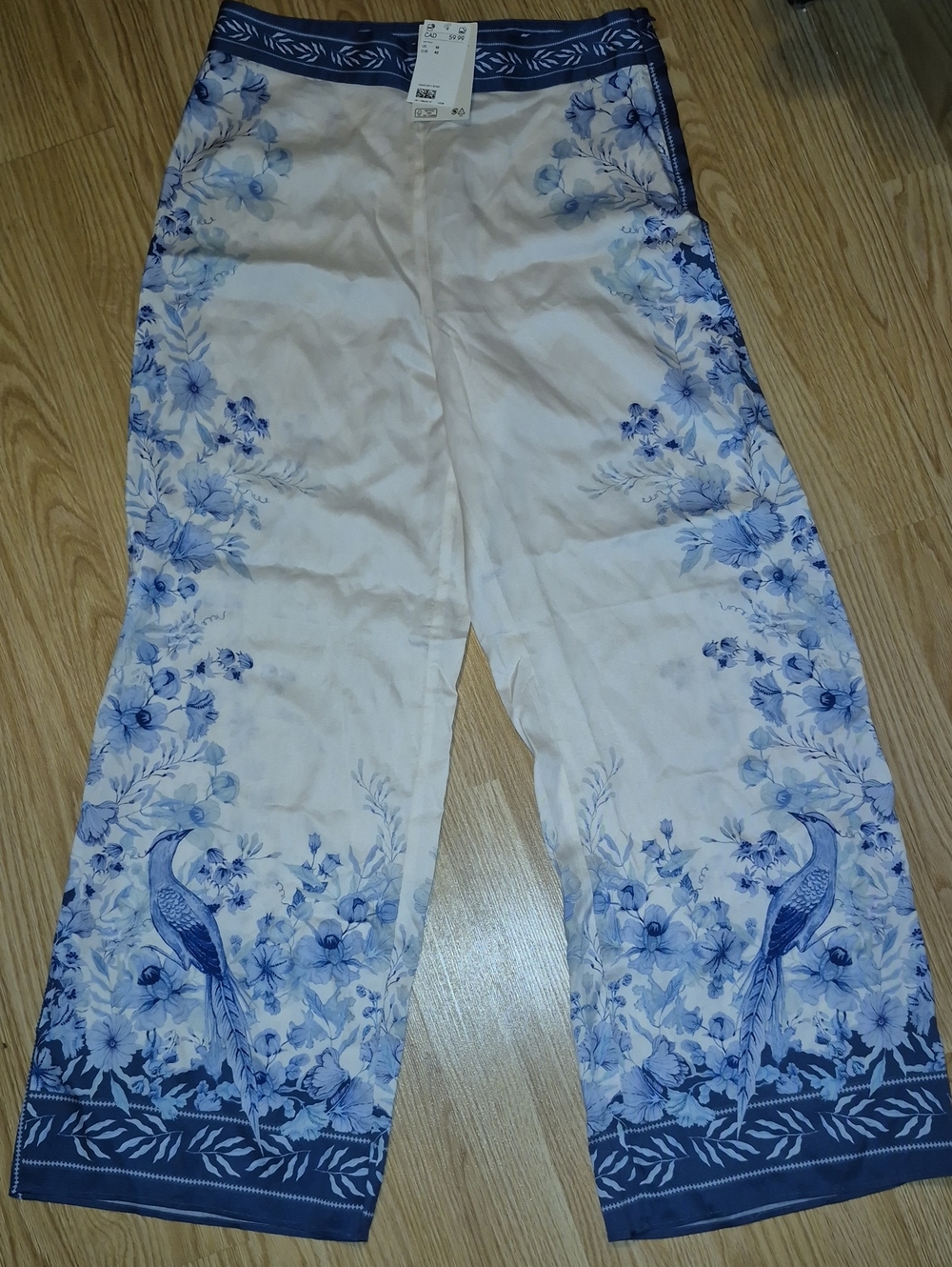 Nwt H&M Navy & White Leaf-Print Palazzo Pants..side Zip..size Ca 10